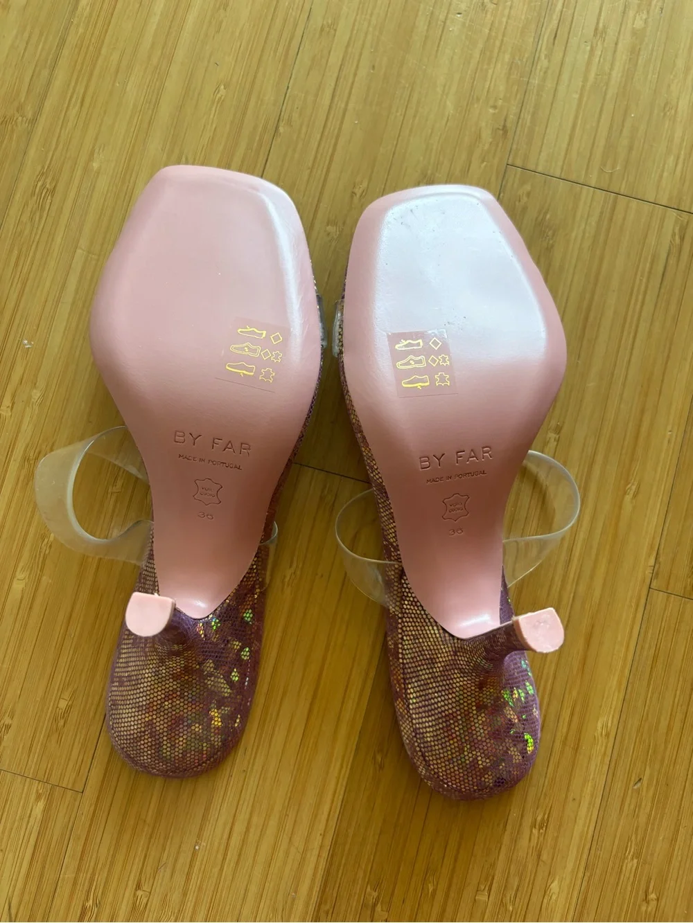 BRAND NEW by far sequin Clara Sandals 95mm transparent strap